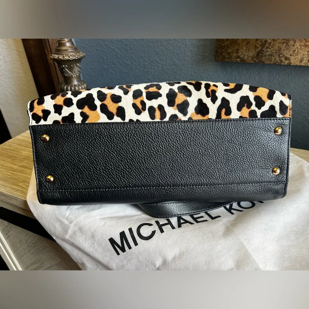NEW!!! Michael Kors Leopard-Print Satchel in Black, Tan & Cream